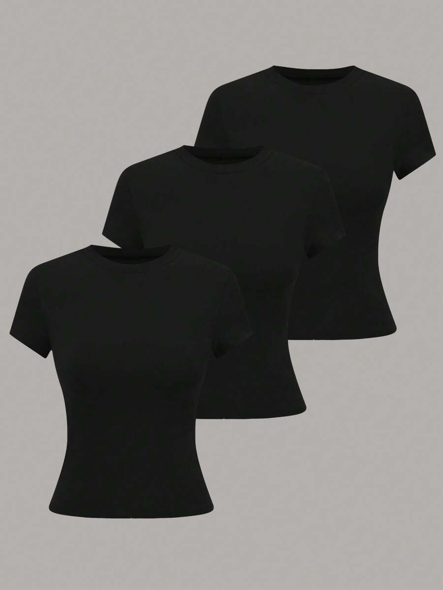 Endroma 女士休闲纯色简约圆领短袖T恤 - 黑色 - 查看 1