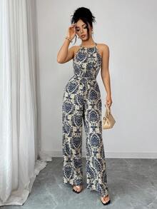 Elenzga 女士优雅印花无袖露背交叉腰部阔腿连体裤，春夏款 - 彩色 - 查看 6