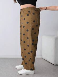 SHEIN PETITE CURVE 春夏款 PETITE CURVE 女士波点印花口袋休闲宽松牛仔裤 休闲棕色波点喇叭裤 - 棕色 - 查看 3