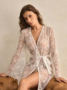 Charlaine Women's Sexy Sheer Lace Bell Sleeve Robe - White - View 1