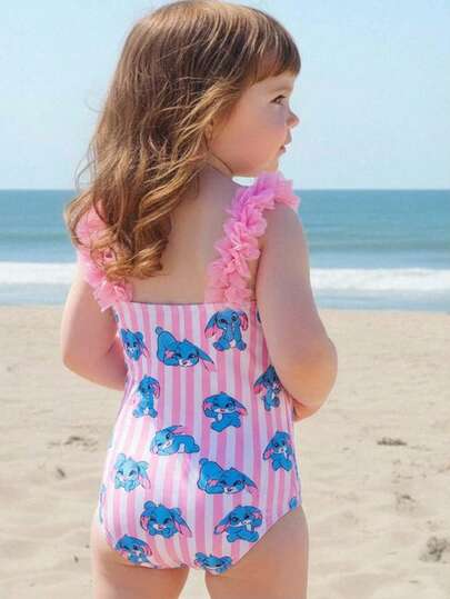 SHEIN 女婴无袖兔子印花3D花卉装饰连体泳衣，夏季