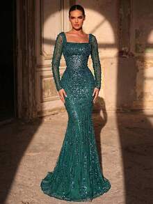 Glamrae Rochie elegantă și luxoasă, model sirenă, cu mâneci transparente, cu paiete, potrivită pentru nunți, petreceri, vacanțe, baluri, ocazii formale (foarte decorată)