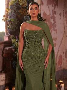 Glamrae Váy yếm hở lưng co giãn đính đá Rhinestone thanh lịch, gợi cảm, thích hợp cho đám cưới, tiệc tùng, kỳ nghỉ, vũ hội và sự kiện trang trọng - xanh quân đội - Xem 4