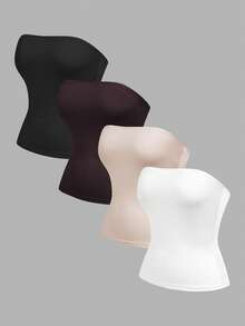 SHEIN EZwear 4 chiếc áo ống nữ màu trơn, chất liệu gân, kiểu dáng thường ngày, thích hợp cho mùa hè. - Nhiều màu - Xem 15