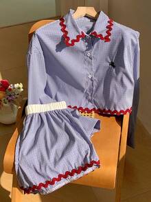 Comfortcana 女士休闲编织吊带格子衬衫短裤两件套，夏季 - 藍色 - 查看 7