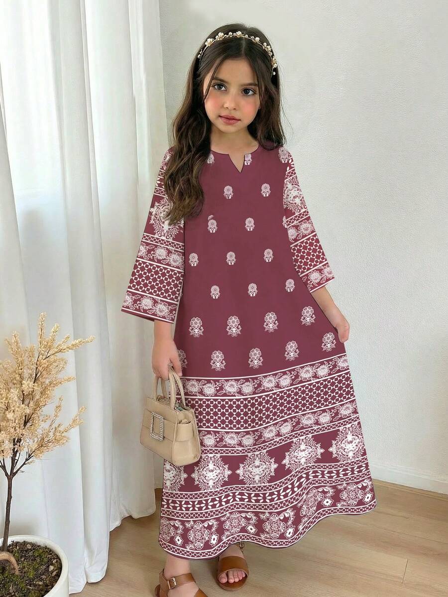 SHEIN 年轻女孩复古优雅印花长袍,土耳其长袍和阿拉伯传统长袍,端庄长袍,阿拉伯风格长袖V领宽松长裙,适合节日、日常穿着、外出、度假等场合,阿巴雅,传统阿拉伯服装,贾拉比亚,阿巴雅,阿巴雅,阿巴雅,蕾丝 - 白色 - 查看 1