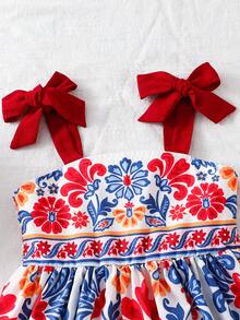 SHEIN Young Girl Woven Print, Bowknot Floral Pleated Camisole Dress - Red - View 8