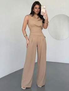Firerie Set de damă cu top, guler drapat, tiv neregulat, culoarea cămilă, și pantaloni ușor evazați cu picior drept, set de pantaloni de culoare uni, set la modă modern, set elegant pentru naveta, set șic, set fără mâneci, îmbrăcăminte de primăvară/toamnă/iarnă, ținută elegantă, pentru naveta, business, casual, minimalistă, de lucru, ținută de Ziua Profesorului - Cămilă - Vizualizare 9