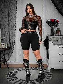 Whyspr 破洞网眼拼接七分弹力紧身裤 - 黑色 - 查看 6