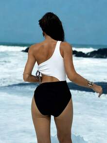 Swim SXY New Women One-Piece Swimsuit, Black & White Patchwork Halter Tie-Up Swimwear - Black and White - View 2