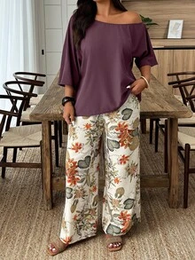 Weeklong 随机印花休闲度假风大码上衣和裤子两件套 - 彩色 - 查看 6