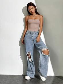 GENKIRA Women Summer Solid Skinny Cami Bodysuit - Dusty Pink - View 3