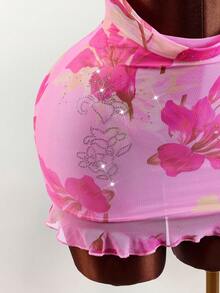 Amplova Đầm ngắn hai dây gợi cảm kiểu Y2K dành cho nữ, họa tiết hoa, phối ren tương phản, khoét eo, thích hợp cho kỳ nghỉ hè, trang phục mùa hè cho nữ. - Hồng - Xem 5