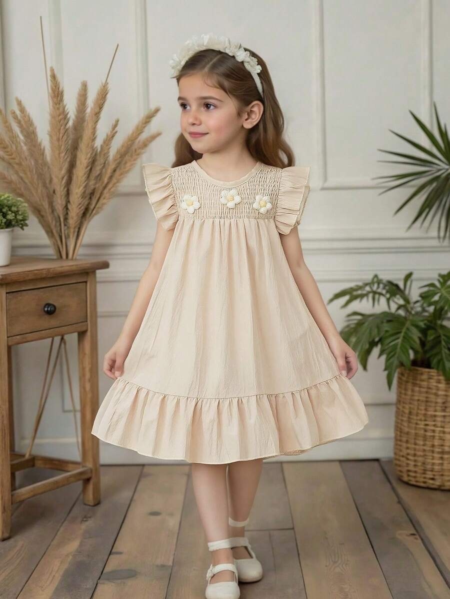 SHEIN Vintaside Kids 女童优雅甜美可爱贴花圆领短袖荷叶边下摆宽松休闲时尚连衣裙，适合度假、旅行、生日礼物、夏季穿着 - 杏色 - 查看 1