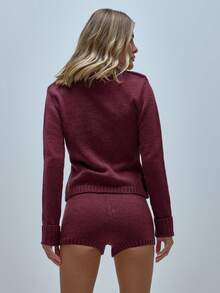 MUSERA Open Front Gold Clasp Trim Chunky Rib Knit Cardigan Coord Top Only Office Everyday Work Cute Coolgirl Tailoring - Maroon - View 4