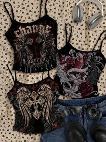 Attitoon Set de 3 piezas de top tipo camiseta Y2K, estilo punk retro y casual, con estampados versátiles de corazón, cruz, alas y letras góticas en inglés desgastadas, para un cómodo verano y primavera de las mujeres - Multicolor - Ver 7