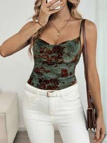 GlowEve Camiseta ajustada de mujer con cuello drapeado y estampado floral - Verde Oscuro - Ver 7