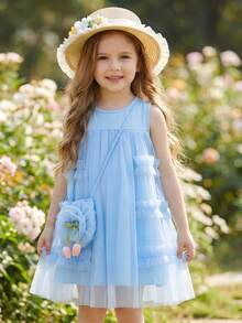 Young Girl' Blue Frill Trim Mesh Sleeveless Dress With 3D Tulip Flower, Blue Crossbody Bag, Elegant Summer Party Dress, Holiday Outfit - Blue - View 5