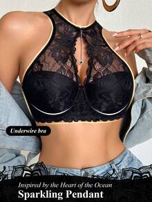 DesireSculpt 1pc Women's Underwear Black Lace Sexy Racerback Bra With Underwire - Black - View 4