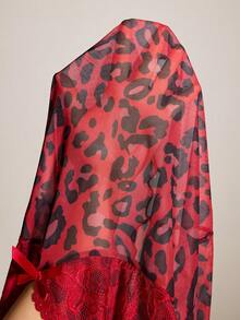 Slumberist 3pcs Sexy Red Leopard Print Lace-Up Robe, Mesh Camisole & Shorts Set - Red - View 10