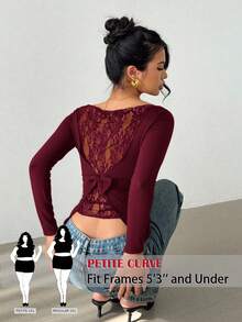 SHEIN PETITE CURVE Plus Size Elegant Solid Color Lace Patchwork Asymmetric Hem T-Shirt - Burgundy - View 1