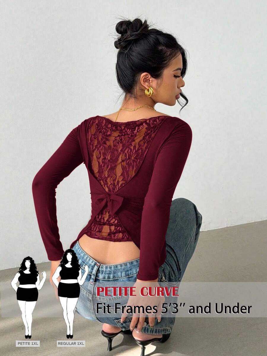 SHEIN PETITE CURVE Plus Size Elegant Solid Color Lace Patchwork Asymmetric Hem T-Shirt - Burgundy - View 1