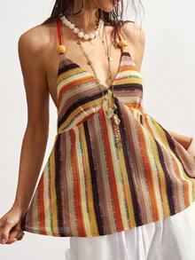 Bohemela Boho Summer Vacation  Valentine's Day    Carnival    Casual Knit Striped Camisole For Women - Orange - View 6