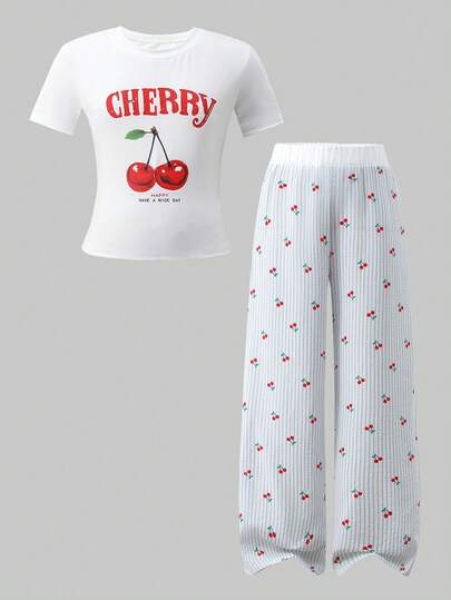 Tween Girl Cherry Letter Print Round Neck Short Sleeve T-Shirt And Striped Pants Casual Outfit