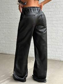 Jeanoix Y2K Fashion Casual Elastic Waist Drawstring Faux Leather Coated Wide Leg Pants - Black - View 2