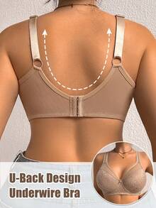 DesireSculpt Women Plus Size Solid Bow Tie Diamonds Decorated Comfortable Sexy Mesh Splice Floral Lace & Skin-Friendly Soft Cup Bra Steel Ring Instantlift Bra - Apricot - View 2