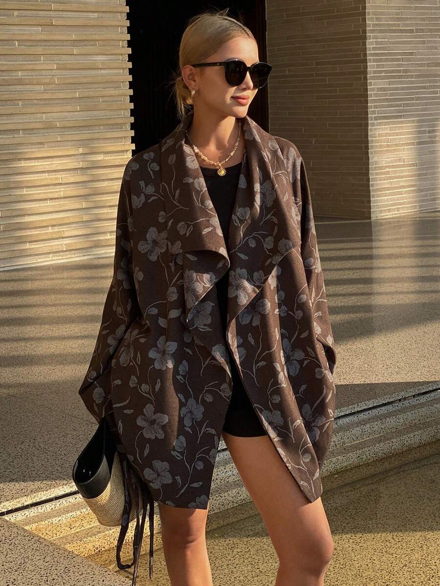 DAZY Women's Casual Commuter Floral Print Jacket - Brown - View 1