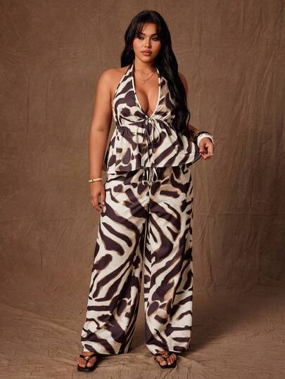 Rustia Plus Size Zebra Print Casual Spaghetti Strap Tie Strap Top And Pants 2 Pieces Set