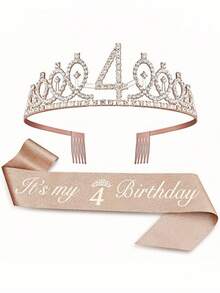 Sparkling Rhinestone Crystal Crown Tiara With Happy Birthday Satin Sash 2PCS Set For Girls 3rd 4th 5th 6th 7th 8th 9th Years Old Birthday Party Decorations, Princess Anniversary Celebration Supplies For Christmas​ - Rose Gold - View 3