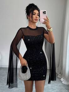 Elenzga 女士立领披肩式网纱闪亮夜店派对迷你连衣裙，修身连衣裙，适合约会、派对、生日、感恩节、音乐节、毕业典礼、假期、春夏穿着 - 黑色 - 查看 6