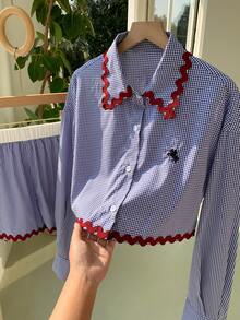 Comfortcana 女士休闲编织吊带格子衬衫短裤两件套，夏季 - 藍色 - 查看 6