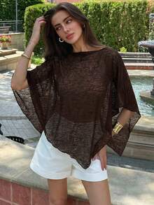 Aloruh New Fashionable Apricot Versatile Knitted Jacquard Hollow-Out One-Piece Halter Neck Shawl Collar Multiwear Vacation Style Lightweight Cover Up Shawl Top - Mocha Brown - View 9