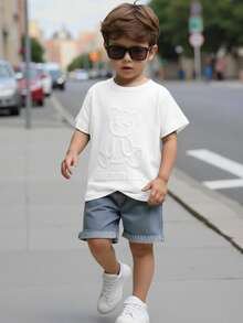 SHEIN Little Byeori 2pcs/Set Kids Boys Casual Versatile Comfortable Round Neck Loose Short Sleeve Knit T-Shirt And   Shorts Set - White - View 7