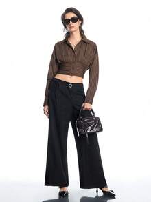 Airlisse Women's Spring/Summer New Ruched Pleated Brown Striped Elegant Fashionable Urban Chic Long Sleeve Blouse - Brown - View 7