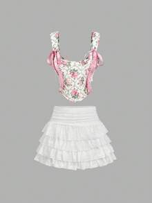 SHEIN MOD Vintage Floral Plaid Print Cross Tie Corset-Style Tank Top – Perfect For Vacation, Date, Picnic, Party, Prom, Festival, And Birthday; Romantic Vintage Court Style Flower Print Floral Bustier Top Floral Top Pink Ribbon Top, Valentine's Day, Carnival Costume - Multicolor - View 7