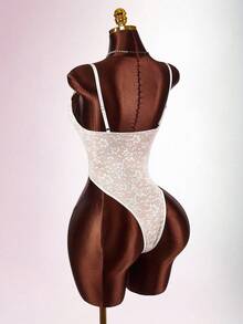 Amplova Elegant White Semi Sheer Cami Bodysuit With Intricate Lace Details - White - View 7