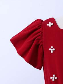 少女奢华仿珍珠串珠泡泡袖缎面派对连衣裙，适合各种活动、生日、迷你裙场合 - 紅色 - 查看 6