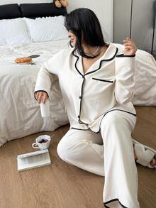 Dream Adore 大码女式泡泡纹理撞色翻领宽松长袖睡衣套装 - 杏色 - 查看 3