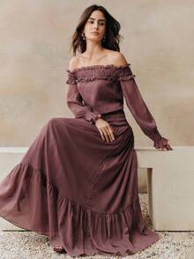 Anewsta Women's Elegant Off-Shoulder Metallic Pleated Minimalist Dress, Suitable For Dates, Spring/Summer - Dusty Purple - View 1