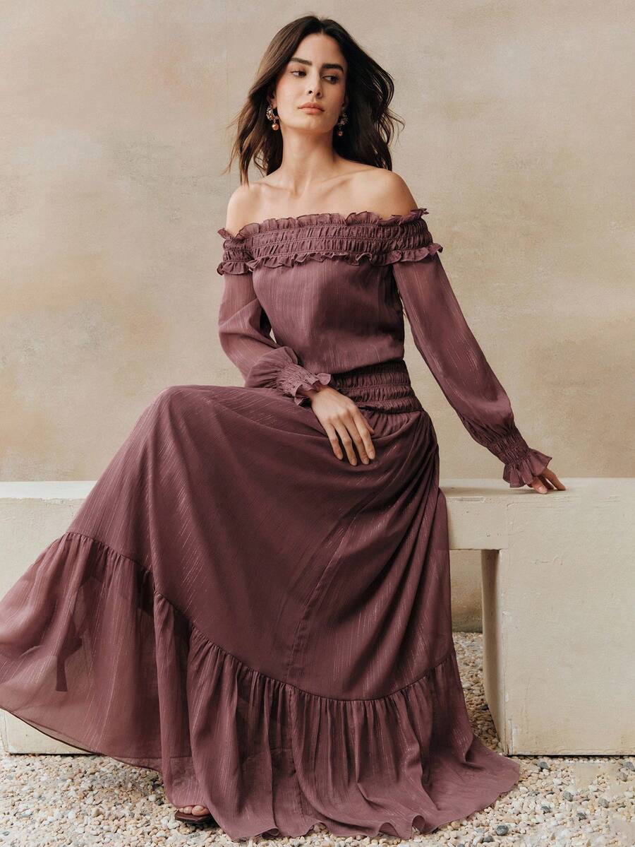 Anewsta Women's Elegant Off-Shoulder Metallic Pleated Minimalist Dress, Suitable For Dates, Spring/Summer - Dusty Purple - View 1