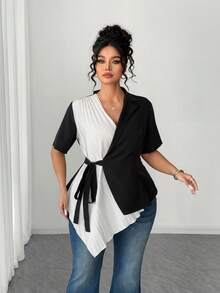 Elenzga Plus Size Casual Pleated Tie-Up Patchwork Fashion Shirt Women Blouses Elegant Black And White Blouse Black And White Shirt Wrap Tops For Women Business Casual Tops Woman - Black and White - View 3