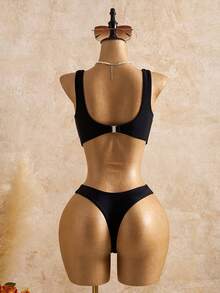 Bellisia 26SS 黑色性感露背吊带连体泳衣，适合海滩和度假，春夏款 - 黑色 - 查看 2