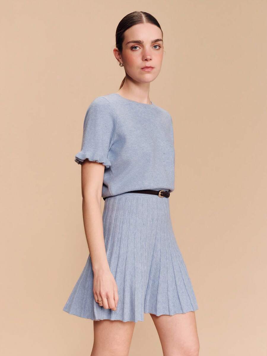 lacRébo Soft Knit Sky Blue Knitted Short Ruffle Sleeve Mini Dress With Pleated Detail Spring Cosy French Style Parisian Style
