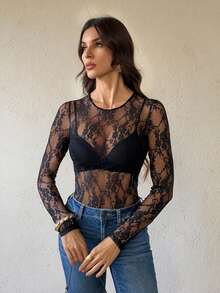 SHEIN Tall 薄纱蕾丝连体衣，不含胸罩。 - 黑色 - 查看 4