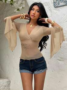 EgrlEra Women's Sexy Mesh Embroidered Deep V Sensual T-Shirt - Khaki - View 1
