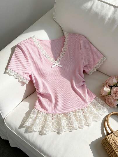GlowEve Women's V-Neck Contrast Lace Bow Decor Ribbed Knit T-Shirt, Summer